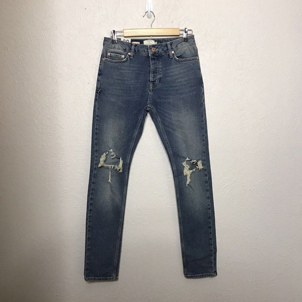 NWT New Topman Mens Jeans Stretch Skinny Button Fly Distressed Actual Sz 29/31.5